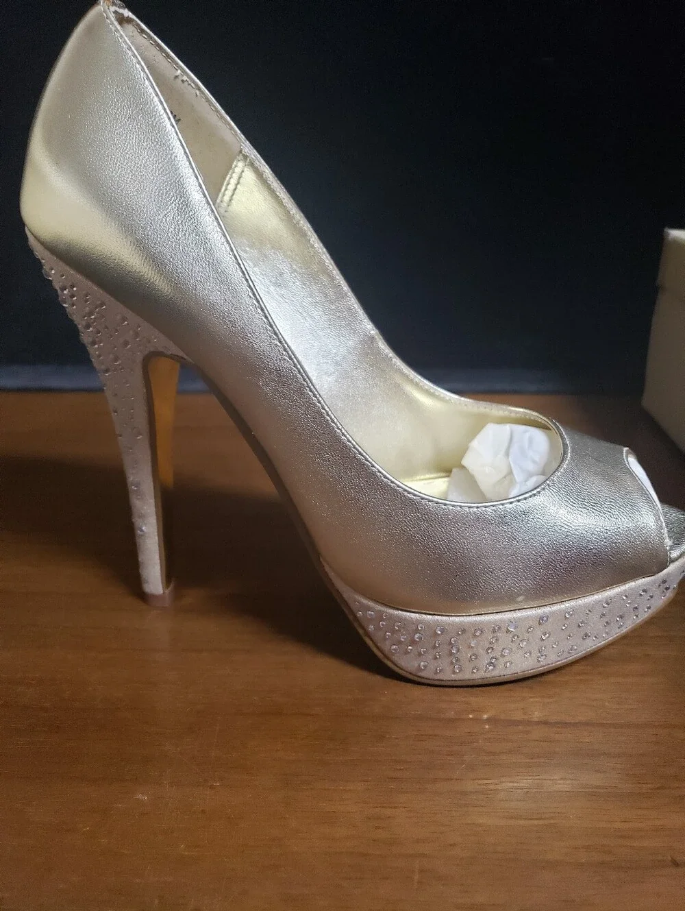 Metallic Gold Platform Peep-Toe High Heels with Crystal Embellished Heel